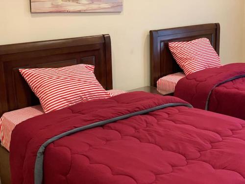 2 camas con edredones rojos en una habitación en Zamalek Garden villa-Abu El Feda, en El Cairo