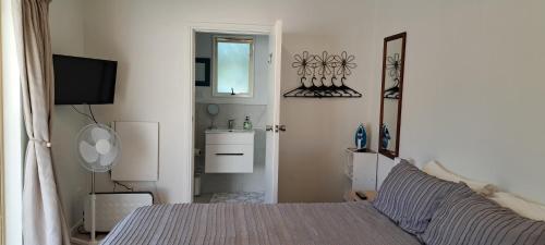 a bedroom with a bed and a sink and a mirror at 15 On Wards in Greytown