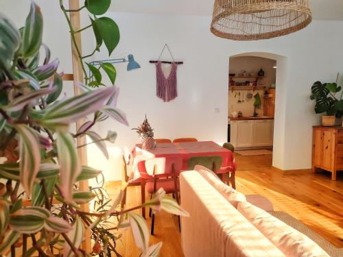 a living room with a table and some plants at Apartament Borówka in Jedlina-Zdrój