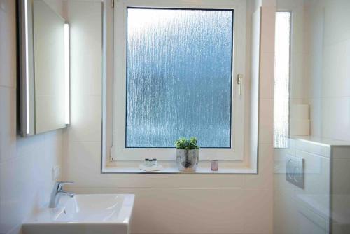 a bathroom with a sink and a window with a potted plant at Moderne 2 Zimmer Wohnung (52qm) am CentrO! in Oberhausen