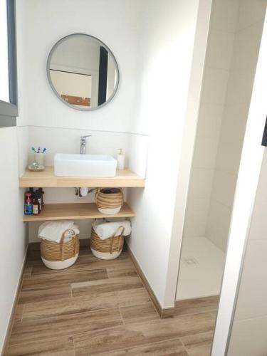 a bathroom with a sink and a mirror at Maisonnette avec terrasse in Saint-Maurice-lès-Châteauneuf