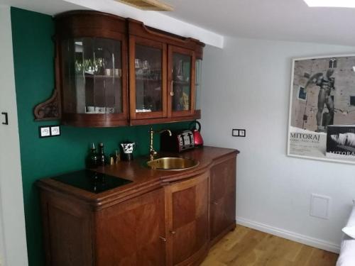 a kitchen with a sink and wooden cabinets at Z widokiem- Old Town in Kraków