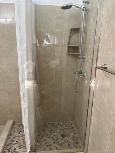 a shower with a glass door in a bathroom at La Villas at Pos Chiquito Caribbean Paradise in Aruba in Savaneta