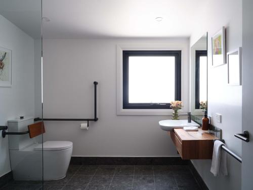 a bathroom with a toilet and a sink and a window at Shawwood Estate in Mudgee