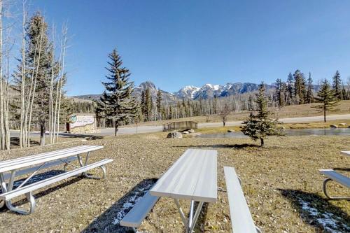 two picnic tables in a park with mountains in the background at Cascade 347 in Durango Mountain Resort