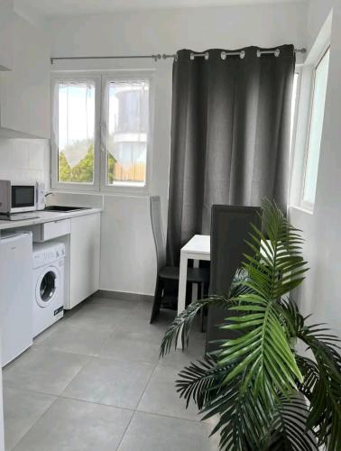 un salon avec une table et une cuisine dans l'établissement Appartement Charme petite terrasse à 400m de Paris, à Gentilly