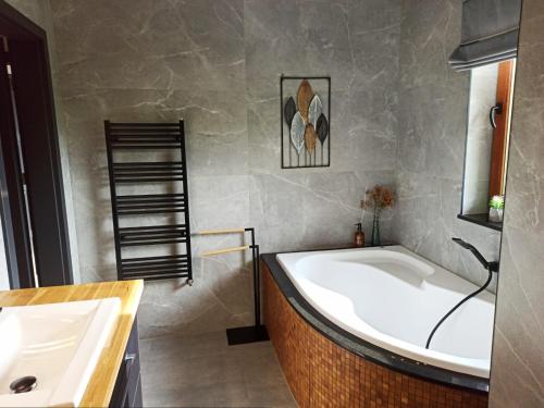 a bathroom with a large tub and a sink at Willa Maja Bieszczady noclegi Bieszczady in Mchawa