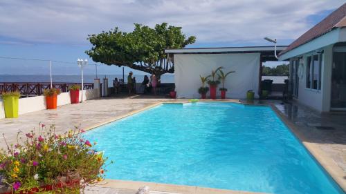 a large blue swimming pool with the ocean in the background at Pension de famille HITI MOANA VILLA in Papara