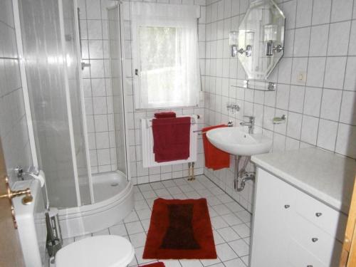 a white bathroom with a sink and a toilet at Gemütliche Wohnung in Liggersdorf mit Grill, Garten und Terrasse - b48489 in Hohenfels