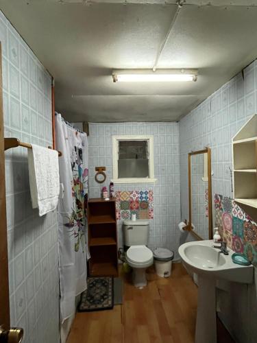 łazienka z toaletą i umywalką w obiekcie Cabaña los robles w mieście Chonchi