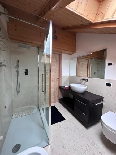 bagno con doccia, lavandino e servizi igienici di CAMPIGLIO Panorama sul Brenta a Madonna di Campiglio