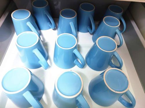 a group of blue cups sitting on a table at TuR15 PisaStadium 4rooms PrivateHouse in Bayan Lepas