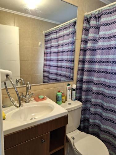 a bathroom with a sink and a toilet and a shower curtain at Hospedaje casa Arrayan in La Serena