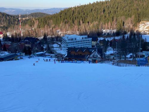 a group of people skiing down a snow covered slope at Apartment Snow & Spa Czarna Góra Resort in Sienna