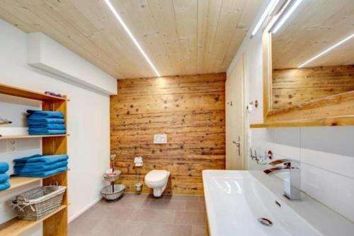 a bathroom with wooden walls and a toilet and a sink at Bauernhof Fendrig - neue Wohnung - b48546 in Haslen