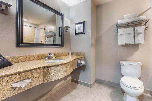 a bathroom with a toilet and a sink with a mirror at Best Western Plus Stephenville Inn in Stephenville