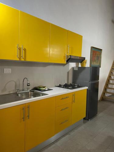 La cuisine est équipée de placards jaunes et d'un réfrigérateur en acier inoxydable. dans l'établissement Tropical Doña Mayra apartahotel, à Las Terrenas