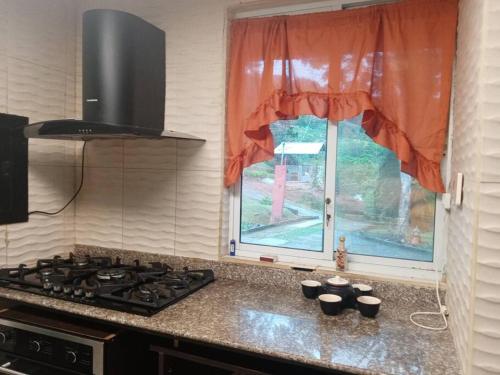 un comptoir de cuisine avec une cuisinière et une fenêtre dans l'établissement Cabaña Holly Water, à Cerro Azul
