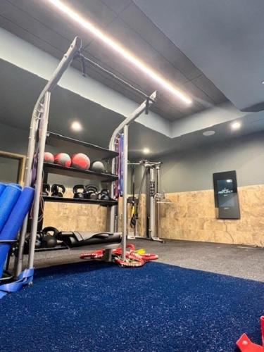 a gym with a weight room with equipment and a gym at The Strathallan - a DoubleTree by Hilton in Rochester