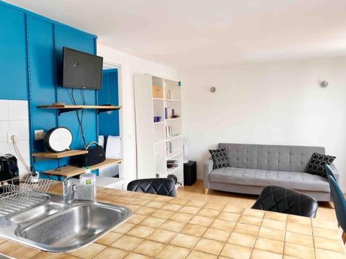 Il dispose d'une cuisine et d'un salon avec un évier et un canapé. dans l'établissement Paris Cozy Flat, Sentier, 2 Guests, à Paris