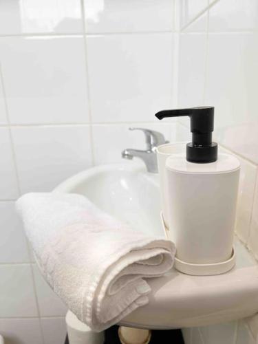 La salle de bains blanche est pourvue d'un lavabo et d'une serviette. dans l'établissement Paris Cozy Flat, Sentier, 2 Guests, à Paris