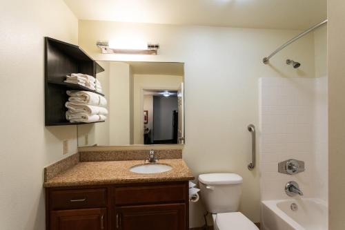 La salle de bains est pourvue d'un lavabo, de toilettes et d'un miroir. dans l'établissement Candlewood Suites Roswell, an IHG Hotel, à Roswell