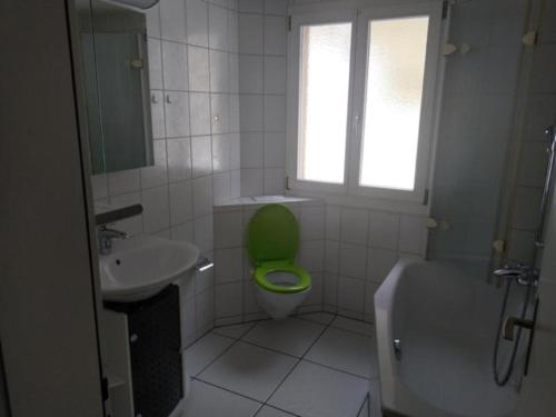 La salle de bains est pourvue de toilettes vertes et d'un lavabo. dans l'établissement EmmeCottage - b48613, à Trubschachen