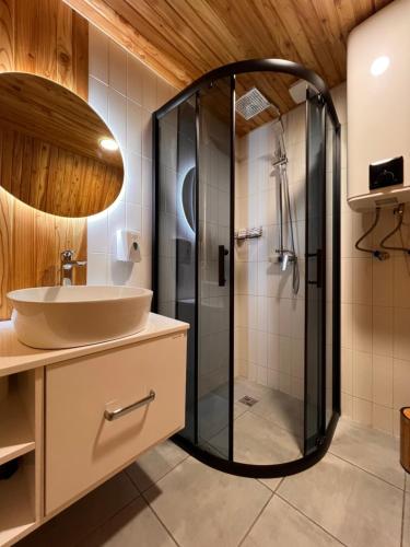 a bathroom with a shower and a sink at SlavskoGlamping in Slavske