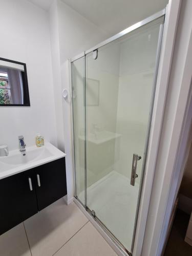 a glass shower in a bathroom with a sink at Dunedin City Centre Apartment Room B in Dunedin