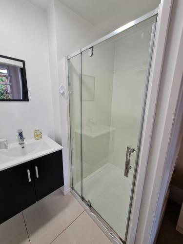 a glass shower in a bathroom with a sink at Dunedin City Centre Tidy Affordable Room B in Dunedin