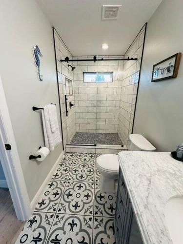 a bathroom with a shower with a toilet and a sink at Sea Turtle Cove in Clearwater
