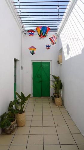 a hallway with a green door in a room with plants at Alberto departamento en centro Histórico Oaxaca in Oaxaca City