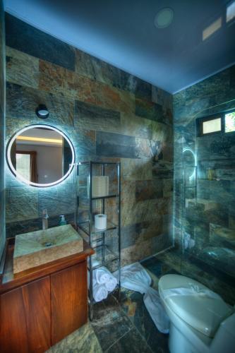 W łazience znajduje się umywalka, toaleta i lustro. w obiekcie Conejo's Loft, River View, Full privacy and nature w mieście Fortuna