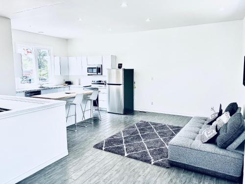 ein Wohnzimmer mit einem Sofa und einer Küche in der Unterkunft LaVida Exclusive Guest House (Rm #3) in London