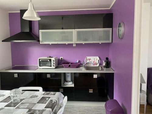 une cuisine aux murs violets et un comptoir avec un four micro-ondes dans l'établissement T2 confortable avec WIFI, au centre de La Roche-Posay, à proximité des Thermes et parking gratuit - FR-1-541-93, à La Roche-Posay
