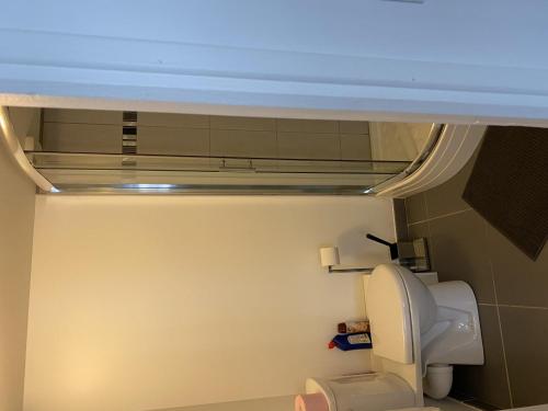 La salle de bains est pourvue de toilettes avec une lumière au-dessus. dans l'établissement Studio confort avec WiFi au centre de La Roche-Posay, proche Thermes, parking gratuit, 1-2 pers - FR-1-541-95, à La Roche-Posay