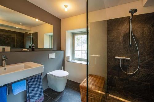 ein Bad mit einer Dusche, einem WC und einem Waschbecken in der Unterkunft Bahnwärterhaus Eggwald - b48797 in Wassen