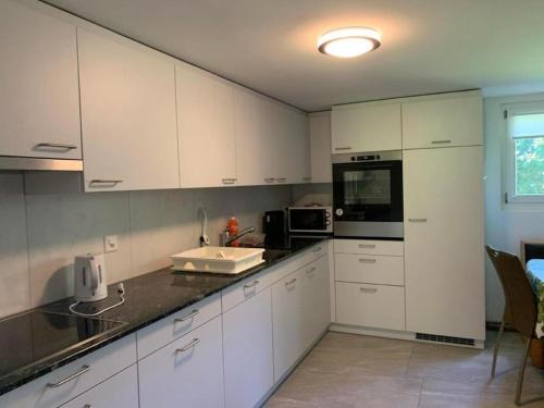 a kitchen with white cabinets and a sink and a microwave at Thal - b48769 in Vitznau