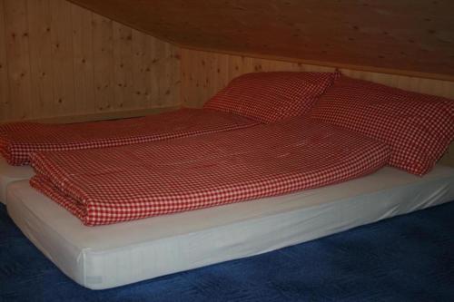 a bed with two red pillows on top of it at Ferienwohnung mit Herz - b48778 in Horboden