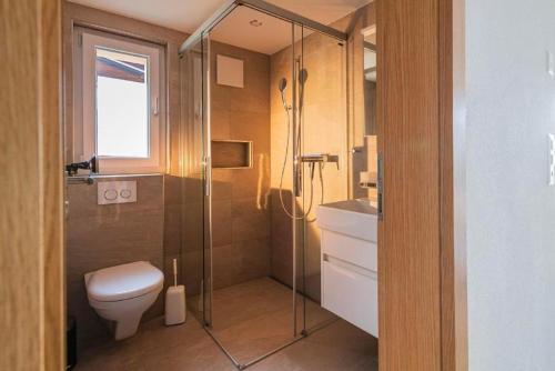 ein Bad mit einem WC und einer Glasdusche in der Unterkunft Chalet Raufthubel 2-Zi Apartment - b48763 in Mürren