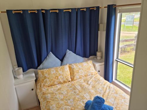 a bedroom with a bed with blue curtains and a window at Pillar to Coast in Pillar Valley