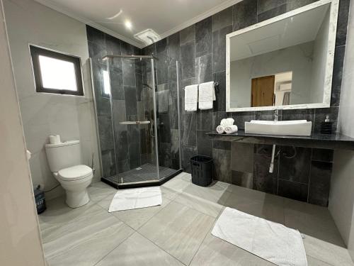 a bathroom with a shower and a toilet and a sink at VincVilla in Praslin