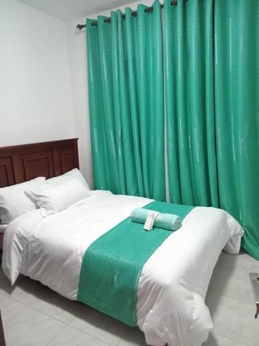a bedroom with a bed with a green curtain at 3 BEDROOM LIWANDO HOME at Greatwall Gardens next to Greatwall Mall, 15 Minutes from JKIA Airport With FREE WIFI & Parking, Enjoy Entire Unit in a Gated Community manned with Security 24 Hours in Athi River