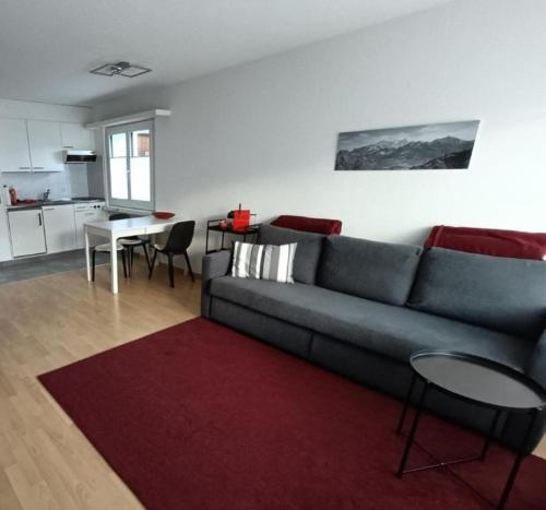 - un salon avec un canapé et un tapis rouge dans l'établissement Ferienwohnung Falknis in Maienfeld mit Blick auf die Berge - b48844, à Maienfeld