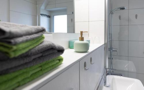 uma casa de banho com toalhas, um lavatório e um espelho em Moderne Landwohnung London im Thurgau - b48853 