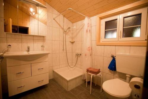 ein Bad mit einer Dusche, einem Waschbecken und einem WC in der Unterkunft 45 Zimmer Ferienwohnung Hofstatthaus - b48818 in Hasliberg