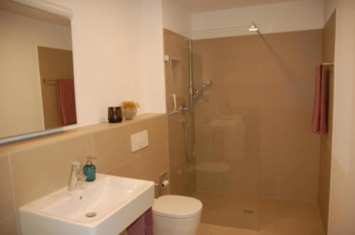 uma casa de banho com um chuveiro, um WC e um lavatório. em Schmucke ruhige 25 Parterre Wohnung - b48866 em Nottwil