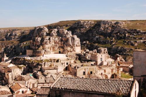 an aerial view of a village on a mountain at Le Dodici Lune in Matera