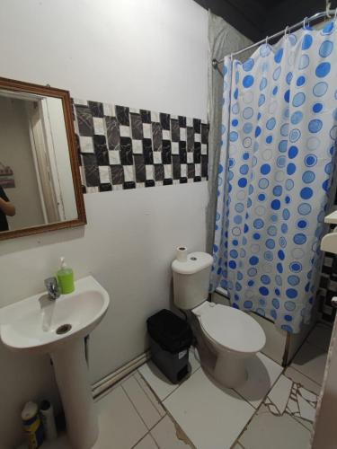 La salle de bains est pourvue de toilettes et d'un lavabo. dans l'établissement Alojamiento chillan, à Chillán