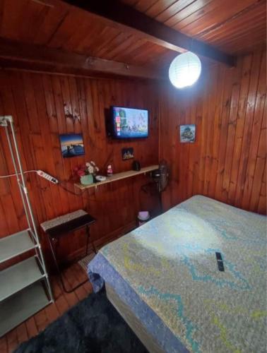 a bedroom with a bed and a tv and a ladder at Alojamiento chillan in Chillán